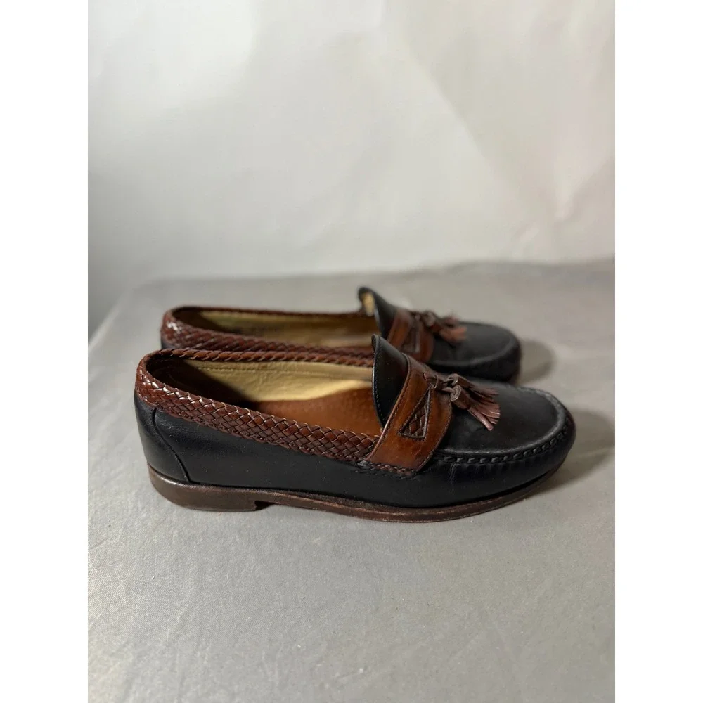 Allen Edmonds Tassel Loafers Black Leather‎ Brown Woven Trim Mens Size 9.5 D